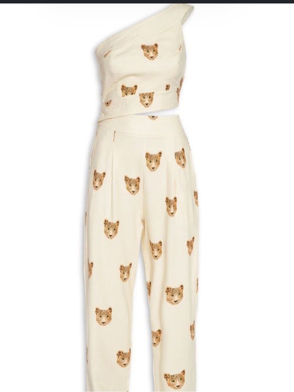 FARM RIO One-Shoulder Leopard Head Print Jumpsuit with open stomach area